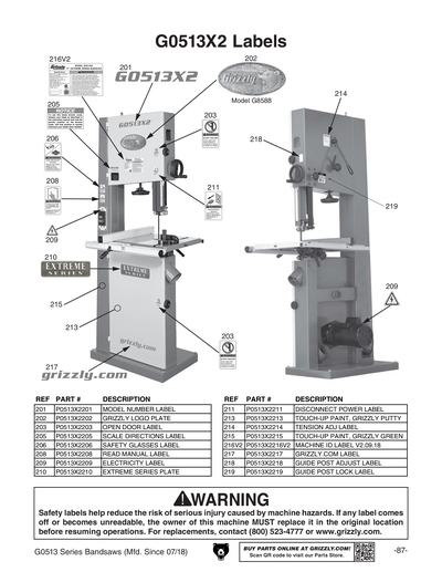 Part Diagram for G0513X2B