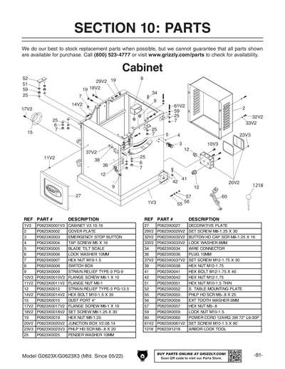 Part Diagram for G0623X