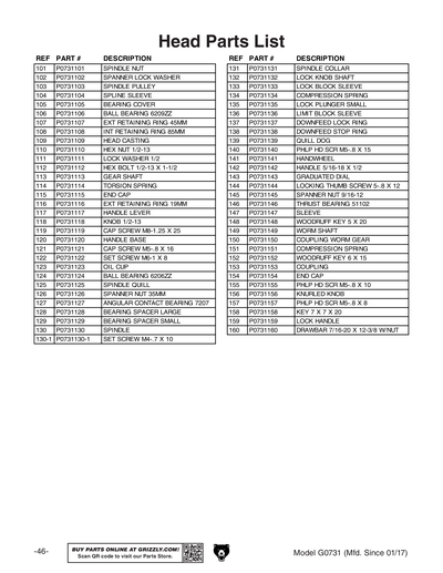 Parts for G0731 8