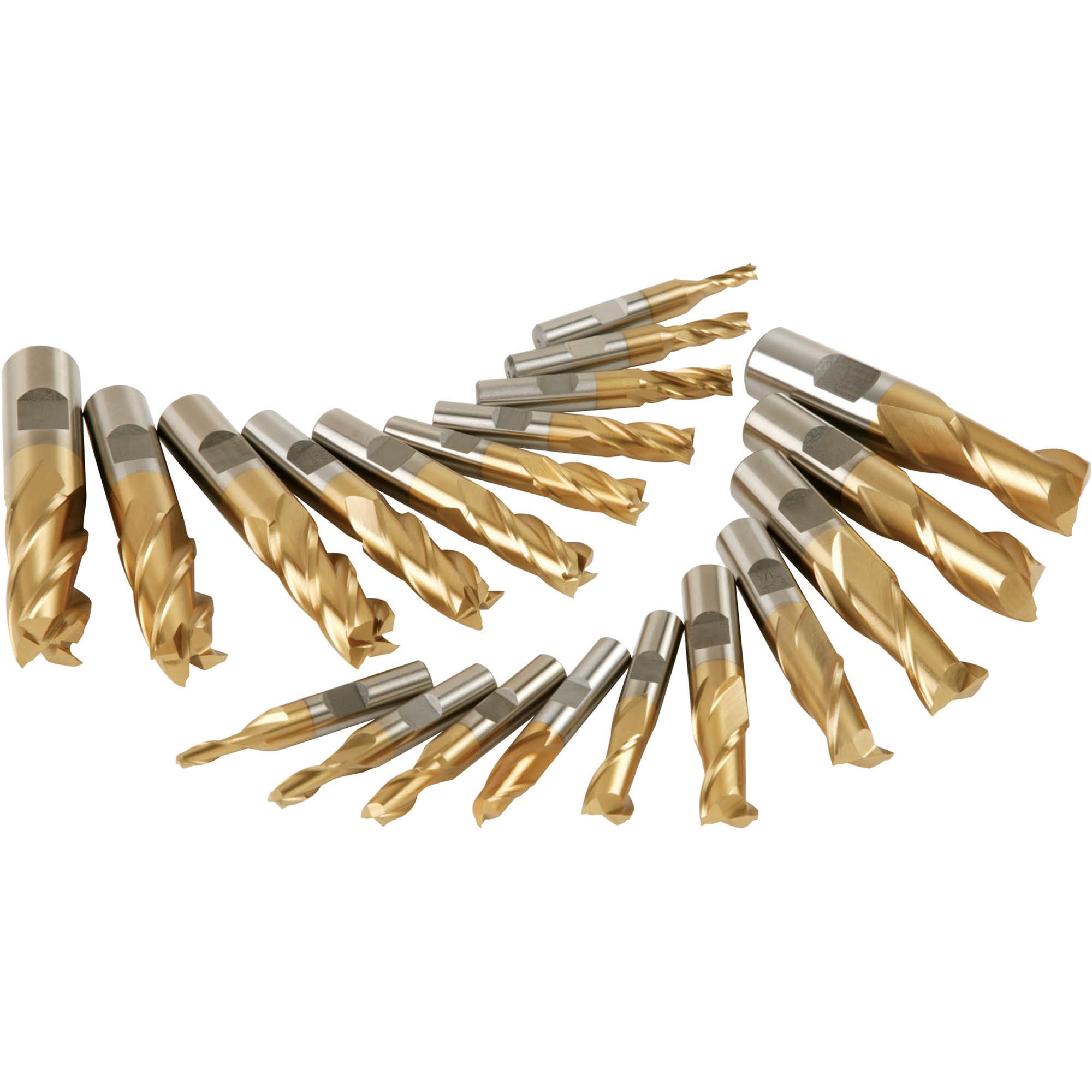 HSS TiN Coated 2 and 4 Flute End Mills, 20 pc. Set Grizzly Industrial