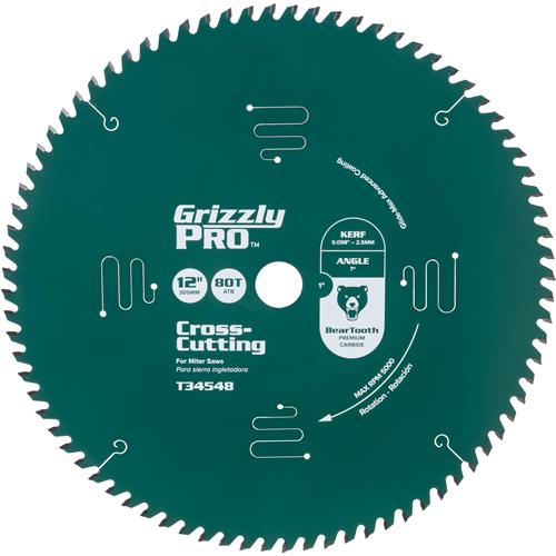 Image for Grizzly PRO T34548 - 12" x 1" 80T ATB Crosscut Saw Blade
